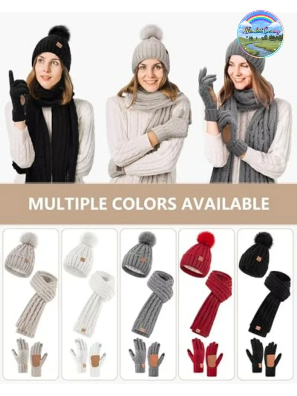 Womens Winter Hat Scarf Gloves Set Fleece Lined Beanie Pom Pom Knit Scarf
